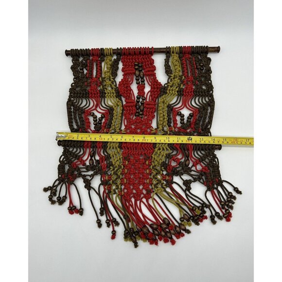 Macrame Wall Hanging Boho Wood Rod Green Red Brown Beads Striped Rope Art Nylon - Picture 7 of 7
